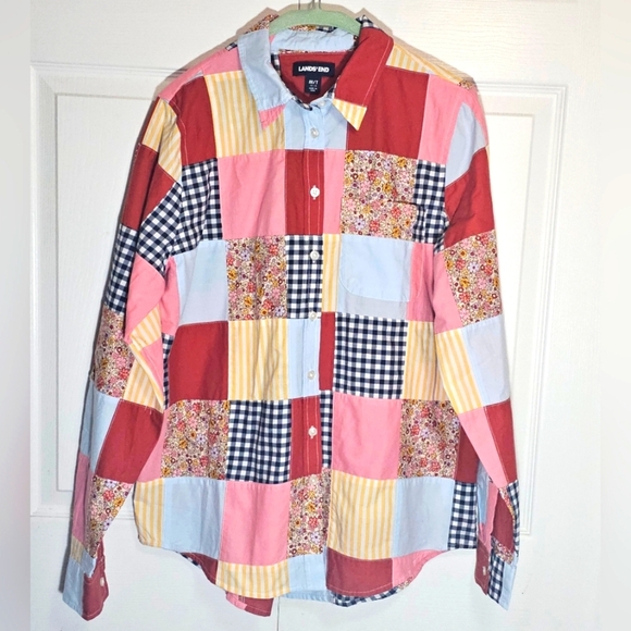 Lands' End Womens Patchwork Button Down Casual Shirt Cottage Cotton Pink Blue‎ M - Picture 1 of 7